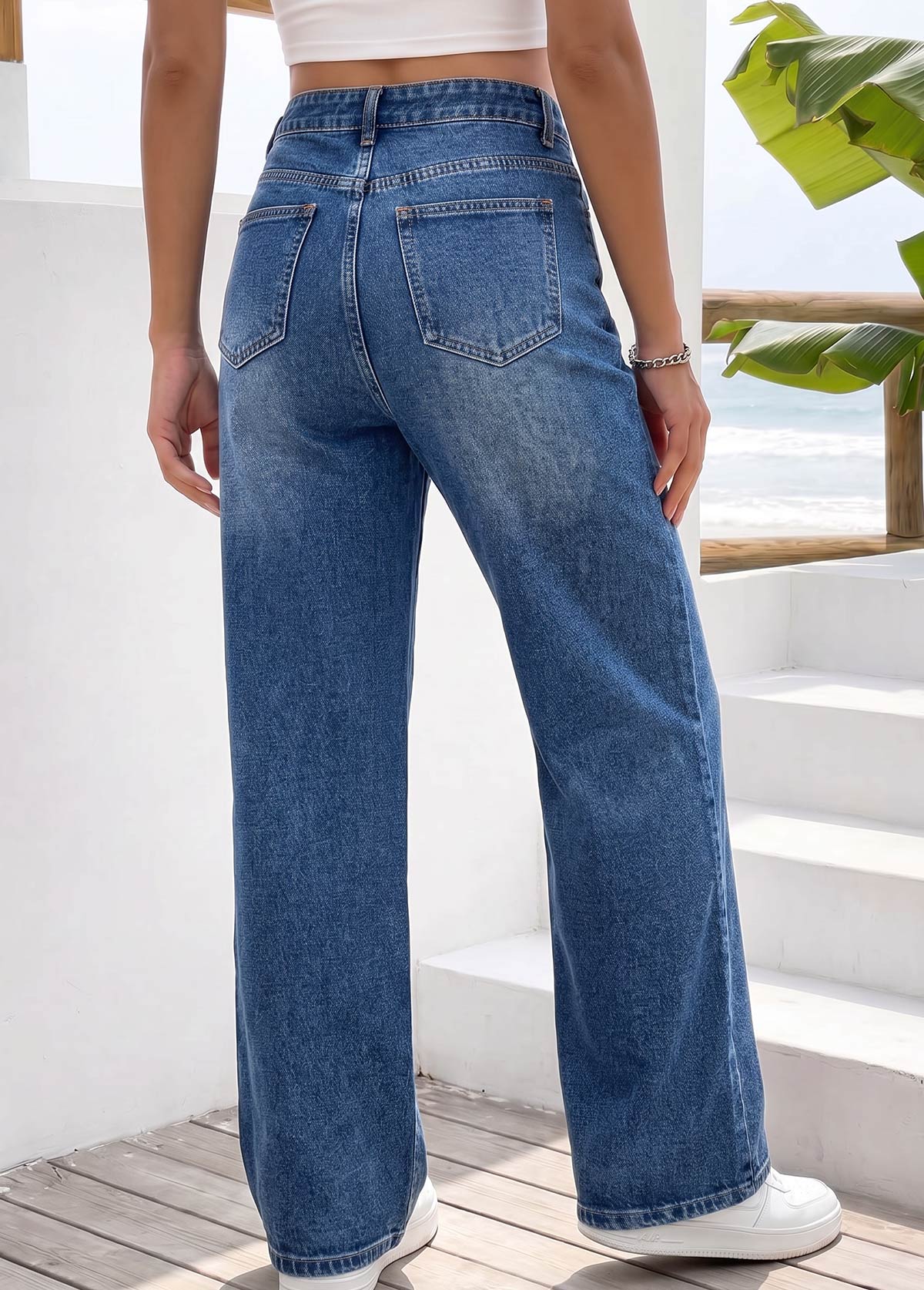 Denim Blue bottoms,Plain Color bottoms,ROTITA Soft Denim Blue Wide Leg Button Fly Jeans