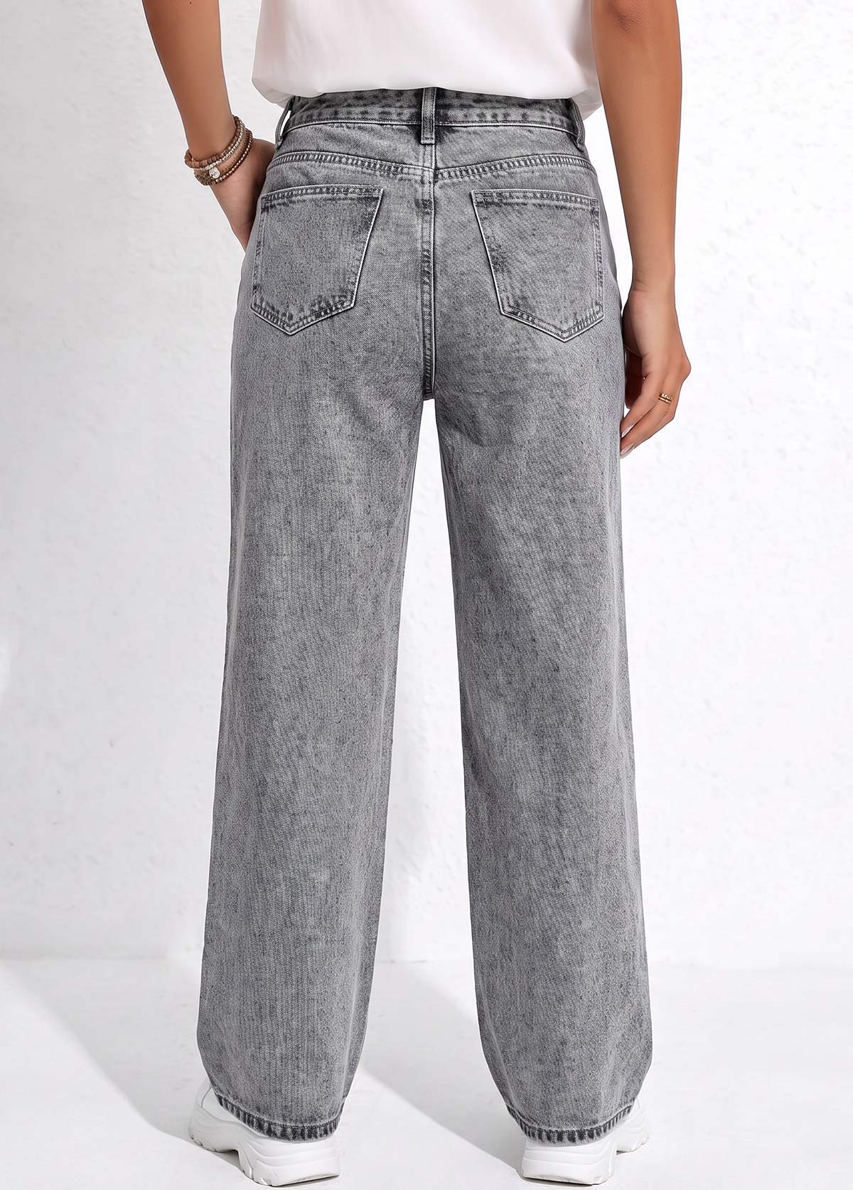 Grey bottoms,Plain Color bottoms,ROTITA Soft Grey Wide Leg Button Fly High Waisted Jeans