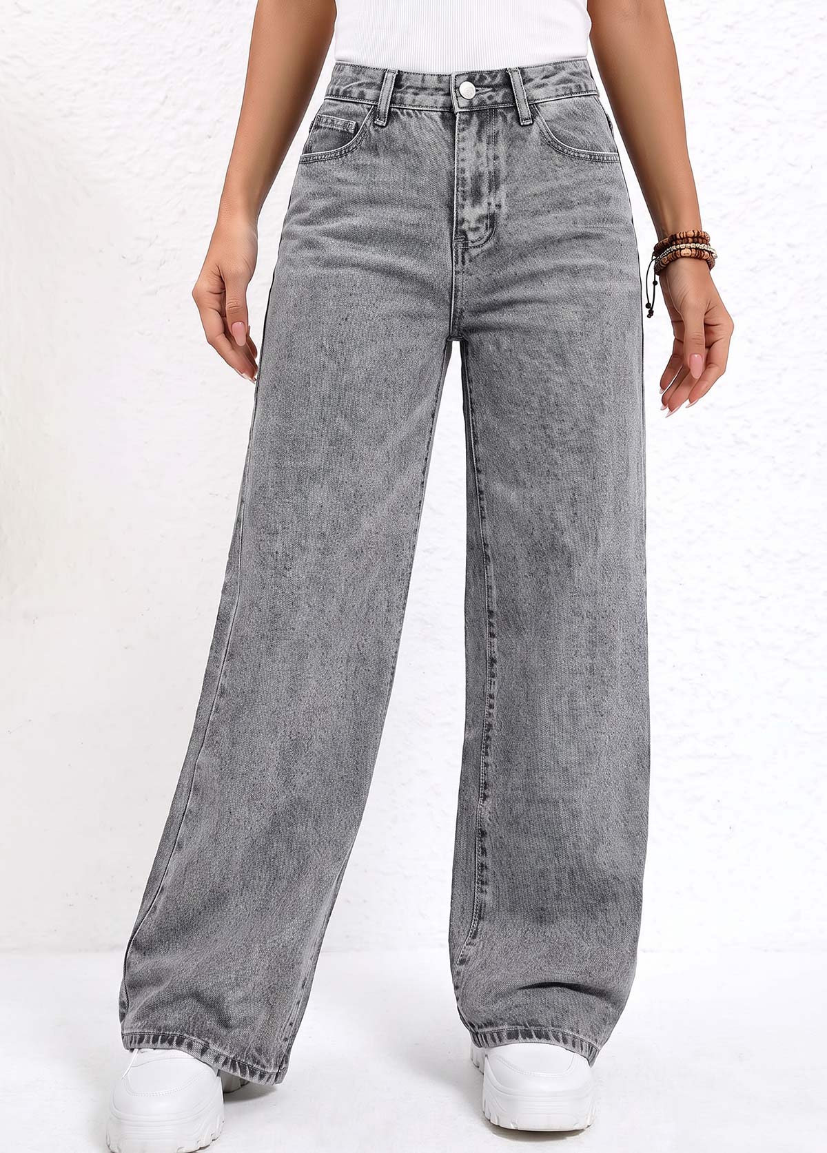 Grey bottoms,Plain Color bottoms,ROTITA Soft Grey Wide Leg Button Fly High Waisted Jeans