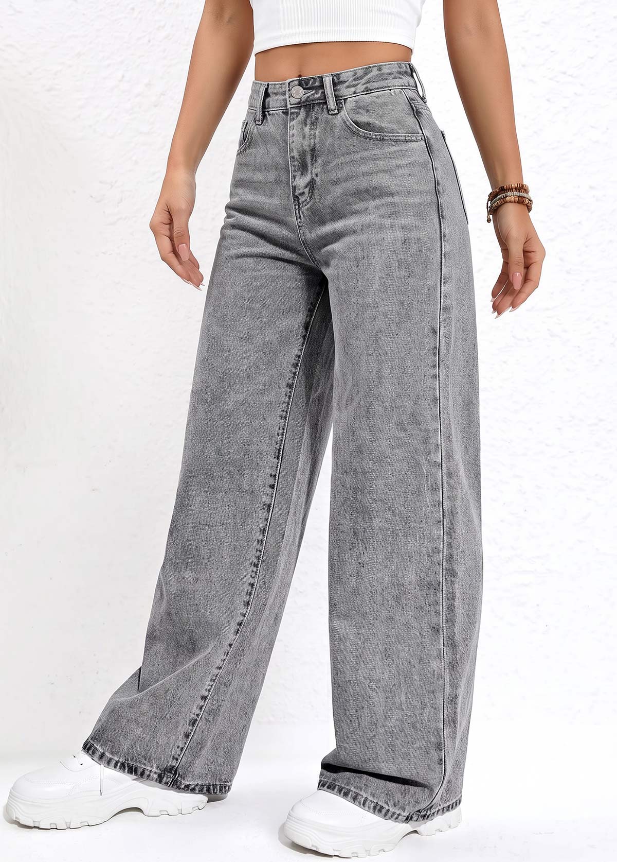 Grey bottoms,Plain Color bottoms,ROTITA Soft Grey Wide Leg Button Fly High Waisted Jeans