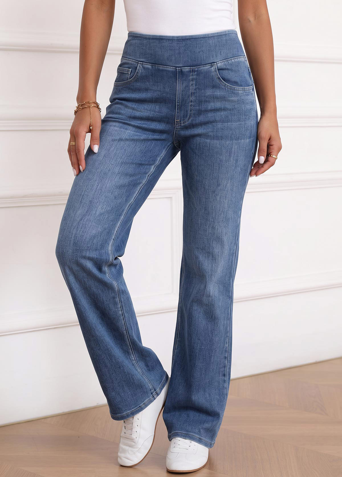 Denim Blue bottoms,Plain Color bottoms,ROTITA Soft Denim Blue Flare Leg Elastic Waist Jeans