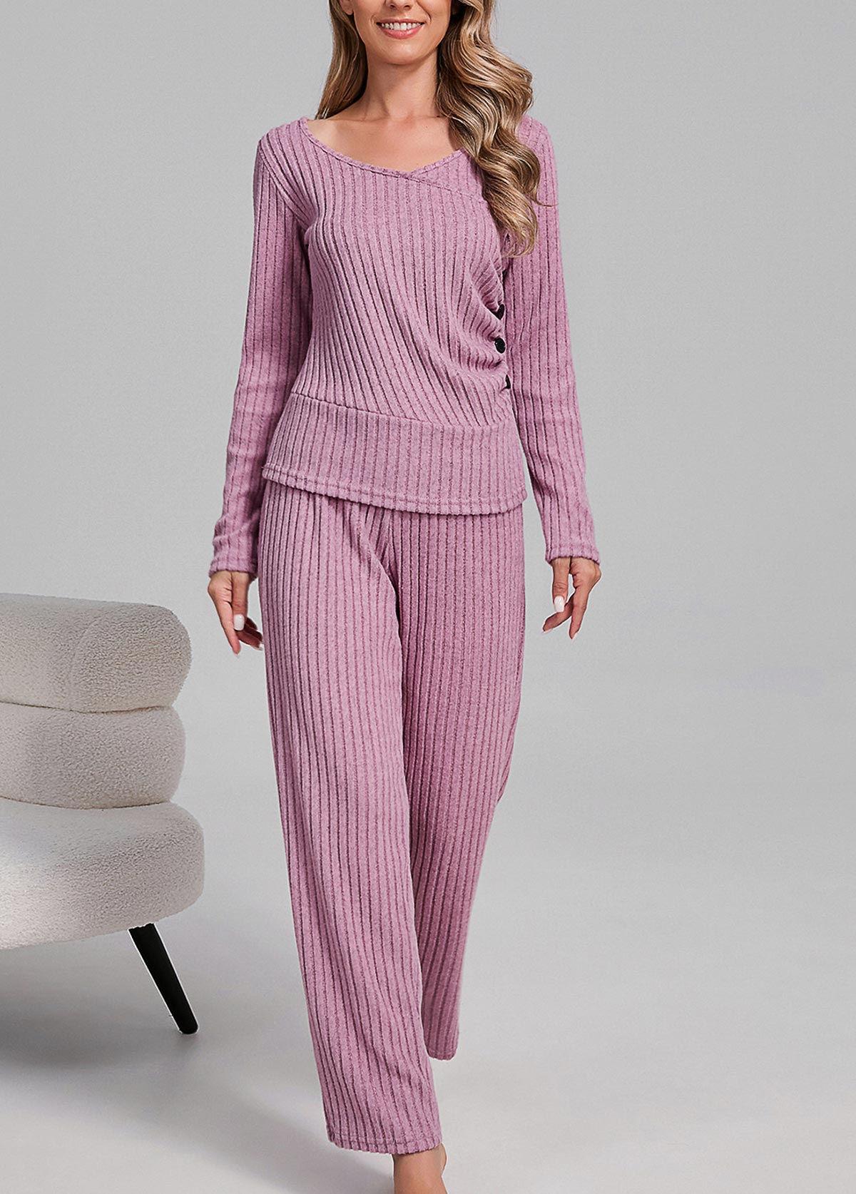 Pink loungewear,Plain Color loungewear,Pink Scoop Neck Long Sleeve Lounge Top and Pants