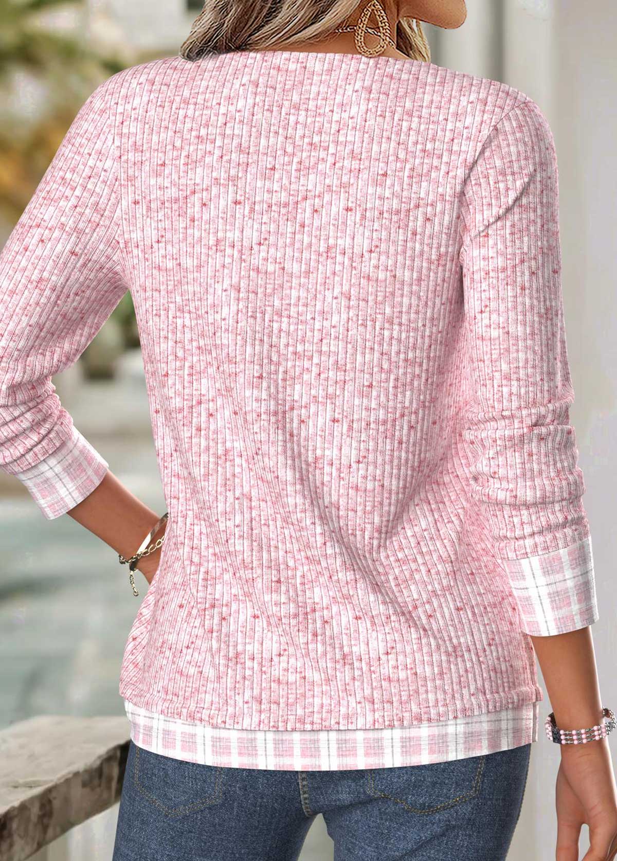 Pink tops,Plaid tops,Geometric tops,ROTITA Plaid Light Blue V Neck Long Sleeve T Shirt