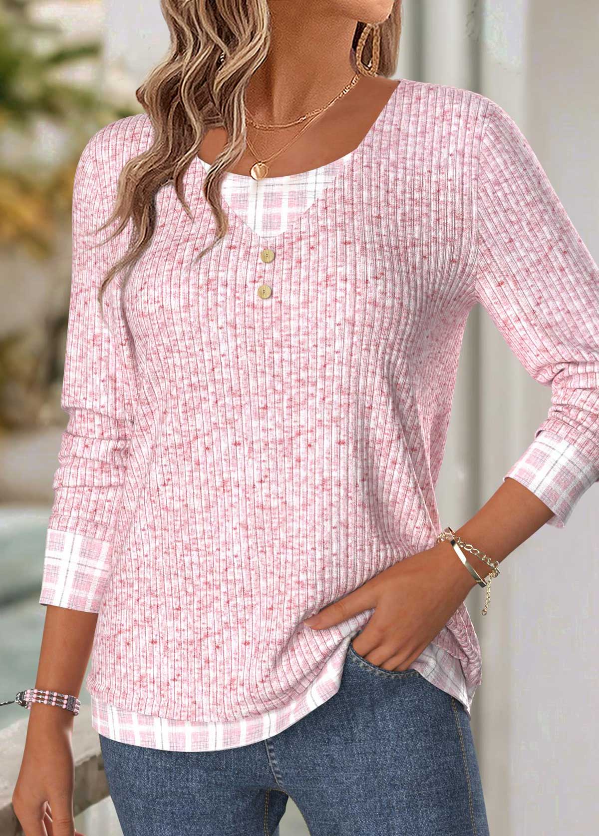 Pink tops,Plaid tops,Geometric tops,ROTITA Plaid Light Blue V Neck Long Sleeve T Shirt