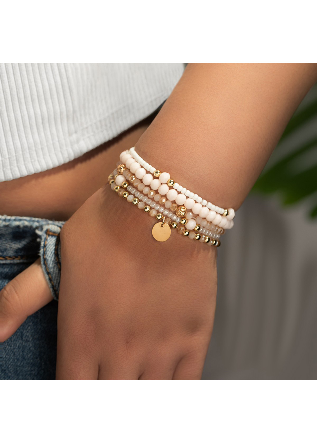 Beige jewelry,Round Beige Seed Beads Bracelets Set