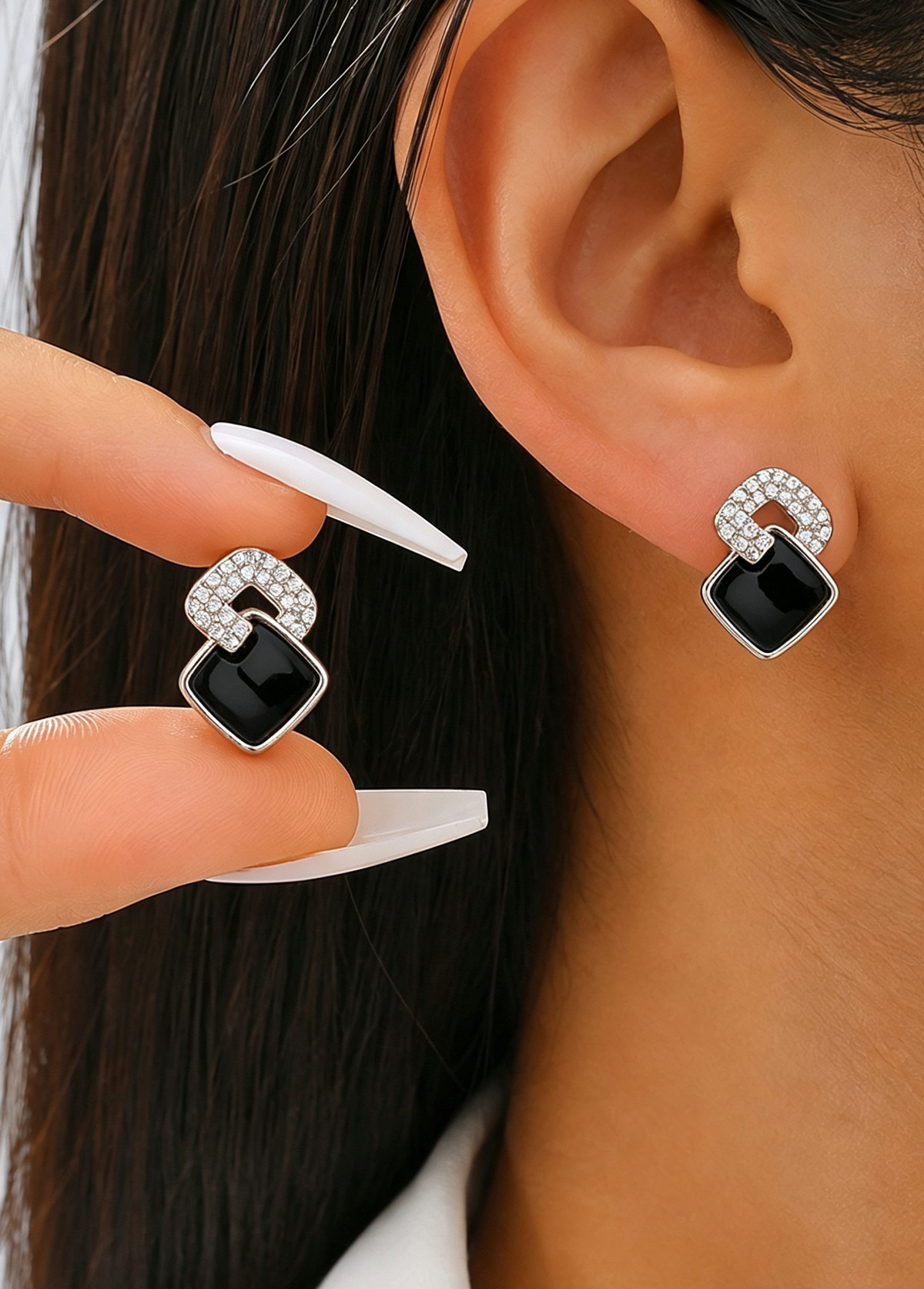 Black jewelry,Square Black Alloy Detail Ear Studs
