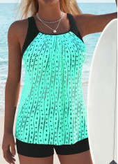 ROTITA Hollow Out Tummy Coverage Cyan Tankini Top and Bra-No Bottom