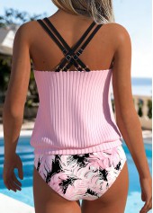 Light Pink swimwear,Floral swimwear,Plants swimwear,ROTITA Light Pink Lace Up Floral Print Tankini Set