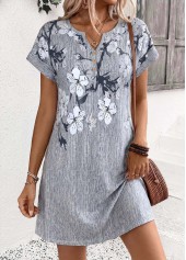 ROTITA Grey Floral Print Tummy Coverage Short Split Neck Dress