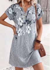 Grey dresses,Floral dresses,Plants dresses,Everyday dresses,Casual dresses,ROTITA Grey Floral Print Tummy Coverage Short Split Neck Dress