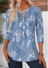 ROTITA Tuck Stitch Leaf Print Blue Split Neck Blouse