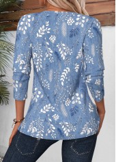 Blue tops,Plants tops,ROTITA Tuck Stitch Leaf Print Blue Split Neck Blouse