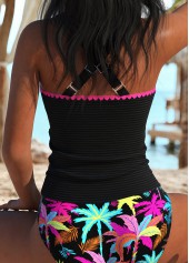 Black swimwear,Plants swimwear,ROTITA Black RuchedTropical Plants Print High Waisted Tankini Set