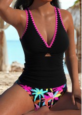 Black swimwear,Plants swimwear,ROTITA Black RuchedTropical Plants Print High Waisted Tankini Set