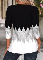 Black tops,Geometric tops,ROTITA Tuck Stitch Geometric Print Black Split Neck T Shirt
