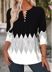 Black tops,Geometric tops,ROTITA Tuck Stitch Geometric Print Black Split Neck T Shirt