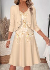 ROTITA Beige Floral Print Two-piece V Neck Dress and Cardigan