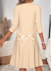 Beige dresses,Floral dresses,Plants dresses,Everyday dresses,Casual dresses,ROTITA Beige Floral Print Two-piece V Neck Dress and Cardigan