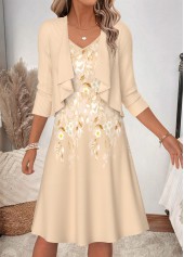 Beige dresses,Floral dresses,Plants dresses,Everyday dresses,Casual dresses,ROTITA Beige Floral Print Two-piece V Neck Dress and Cardigan