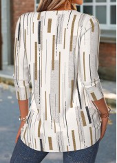 Light Camel tops,Geometric tops,ROTITA Patchwork Geometric Print Light Camel V Neck T Shirt