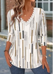 Light Camel tops,Geometric tops,ROTITA Patchwork Geometric Print Light Camel V Neck T Shirt