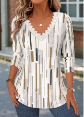 ROTITA Patchwork Geometric Print Light Camel V Neck T Shirt