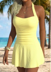 Light Yellow swimwear,Plain Color swimwear,ROTITA Light Yellow Tummy Coverage One Piece Swimdress
