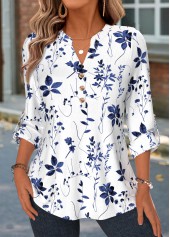 Rotita Hemd mit geschwungenem Saum Blumenmuster blau mit V-Ausschnitt