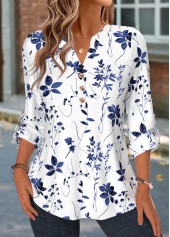 Blue tops,Floral tops,Plants tops,ROTITA Curved Hem Floral Print Blue Split Neck Shirt