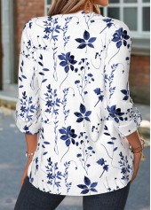 Blue tops,Floral tops,Plants tops,ROTITA Curved Hem Floral Print Blue Split Neck Shirt