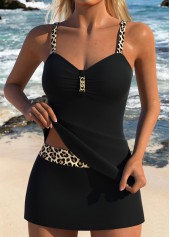 Black swimwear,Leopard swimwear,Animal Print swimwear,ROTITA Black Two-piece Leopard Mid Waisted Tankini Set