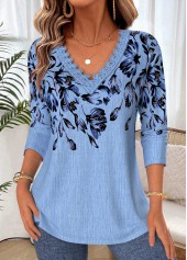 ROTITA Tummy Coverage Floral Print Blue V Neck T Shirt
