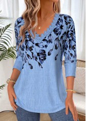 Blue tops,Floral tops,Plants tops,ROTITA Tummy Coverage Floral Print Blue V Neck T Shirt