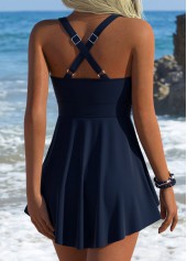 Navy swimwear,Plain Color swimwear,ROTITA Navy Fake 2in1 One Piece Swimdress