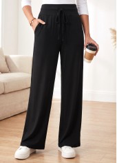 Black bottoms,Plain Color bottoms,Black Straight Leg Elastic Waist High Waisted Pants