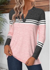 Pink tops,Geometric tops,ROTITA Curved Hem Geometric Print Pink Split Neck T Shirt