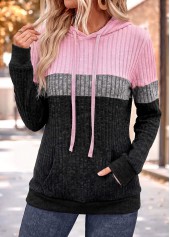Pink tops,Plain Color tops,ROTITA Patchwork Pink Long Sleeve Tunic Hoodie