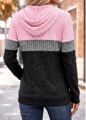 Pink tops,Plain Color tops,ROTITA Patchwork Pink Long Sleeve Tunic Hoodie