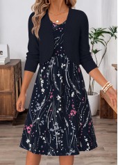 ROTITA Navy Floral Print Two-piece V Neck Dress and Cardigan