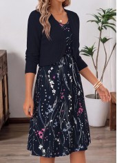 Navy dresses,Floral dresses,Plants dresses,Everyday dresses,Casual dresses,ROTITA Navy Floral Print Two-piece V Neck Dress and Cardigan