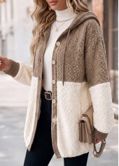 Light Camel tops,Plain Color tops,ROTITA Patchwork Light Camel Hooded Long Sleeve Coat