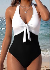 Black swimwear,Contrast Color swimwear,ROTITA Black Patchwork V-Neck One Piece Swimwear