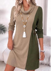 ROTITA Light Camel Patchwork Short Cowl Neck Long Sleeve Dress