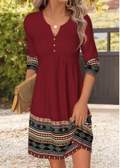 ROTITA Wine Red Tribal Print Shirred Short Split Neck Dress