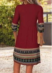 Wine Red dresses,Tribal dresses,Everyday dresses,Casual dresses,ROTITA Wine Red Tribal Print Shirred Short Split Neck Dress