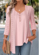ROTITA Pink 3/4 Sleeve Fake Two Piece Twinset