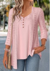 Pink tops,Plain Color tops,ROTITA Pink 3/4 Sleeve Fake Two Piece Twinset