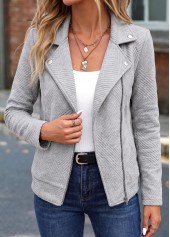 Light Grey tops,Plain Color tops,ROTITA Patchwork Light Grey Lapel Long Sleeve Jacket
