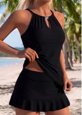 Black swimwear,Plain Color swimwear,ROTITA Black Two-piece Mid Waisted Tankini Set