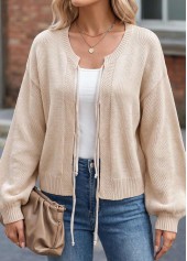 Beige tops,Plain Color tops,Bowknot Beige Round Neck Long Sleeve Sweater